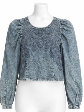 Pilcro Anthropologie Embroidered Denim Blouse Size Large Puff Sleeve 100% Cotton